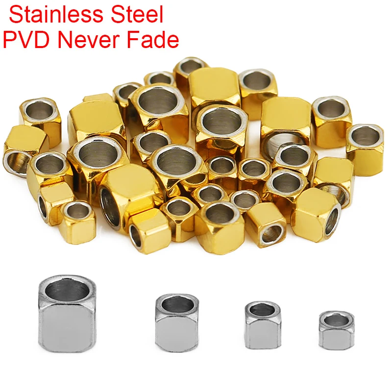 50pcs Square Stainless Steel Spacer Necklace Beads 2 3 4 mm Never Fade PVD Large Hole Beads For DIY Jewelry Bracelet Findings