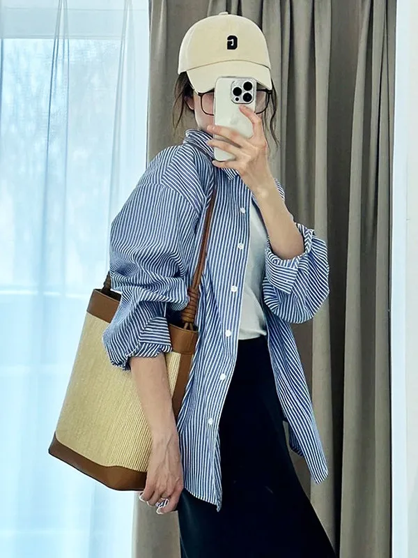 

Casual Long Sleeve Striped Shirt Anti-Wrinkle Blue Loose Comfortable Vintage Style Women's Business Fashion Spring Top
