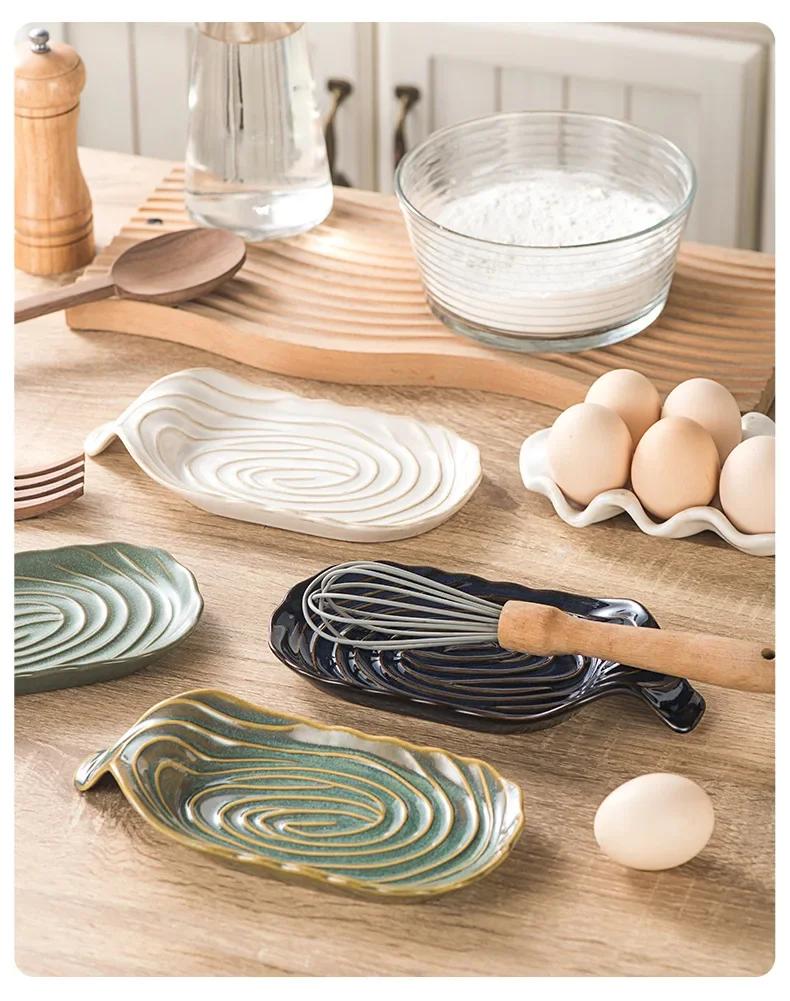 Reactive Glaze Ceramic Spoon Rest, 4 Colors Multi‑Purpose Utensil Holder, Vintage Tree‑Ring Pattern Side Dish Plate, Home Kitche
