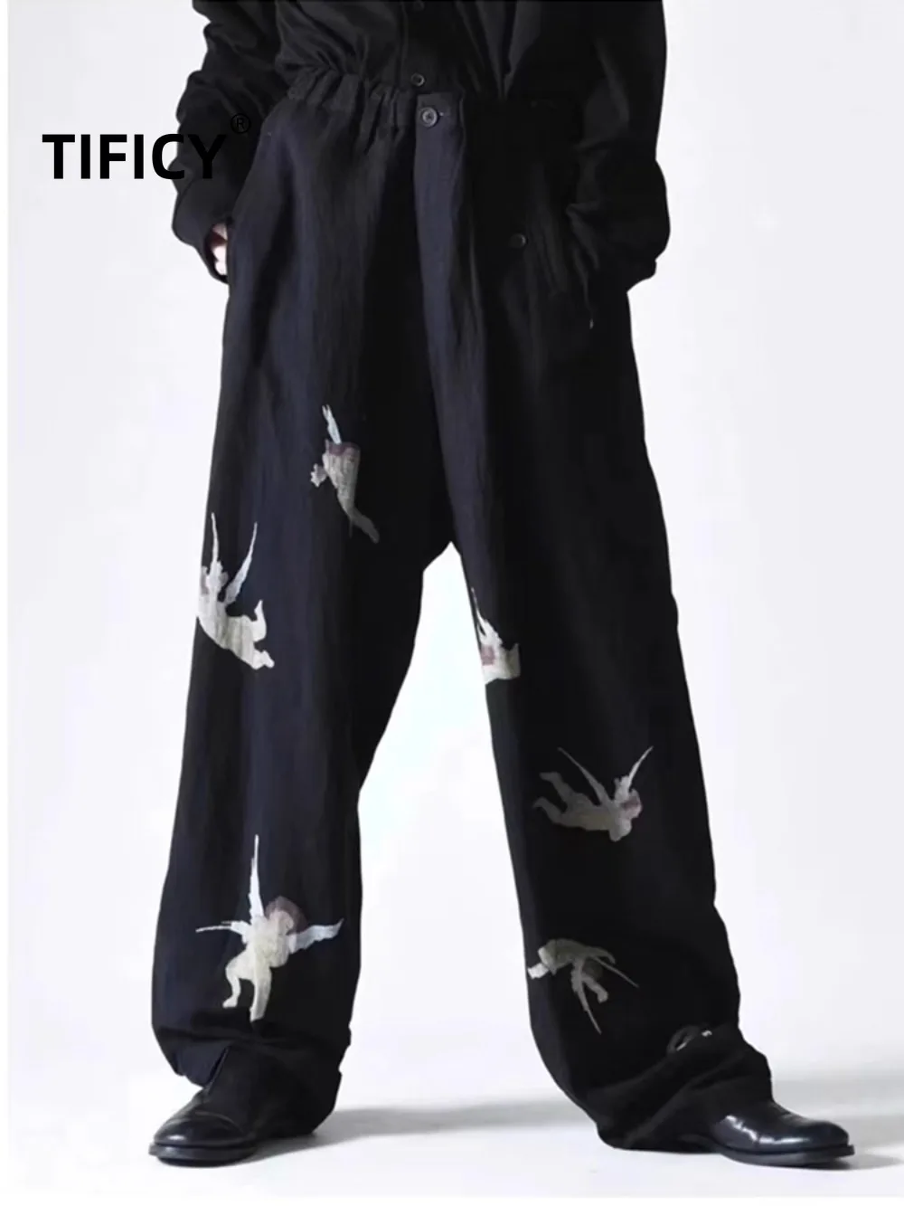 

High Street Pants Men's Japanese Angel Pattern Printed Design Stylish Linen Blended Loose Streetwear Pants Men Clothing