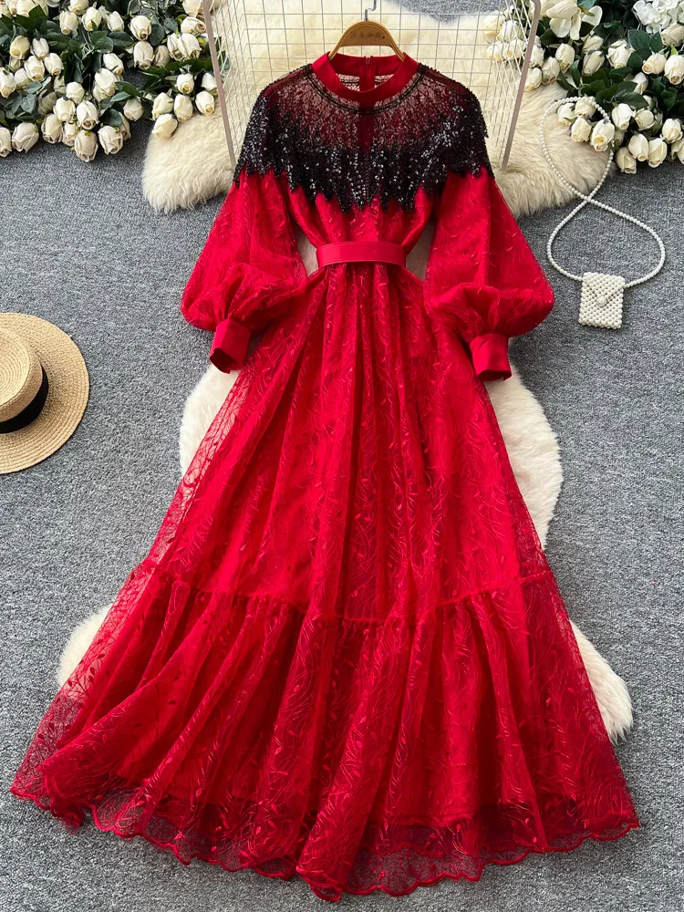 

Women’s Red Stand Collar Black Sequin Puff Sleeve Waist Belted Lace Maxi Dress Vintage Glam Formal Evening Gown