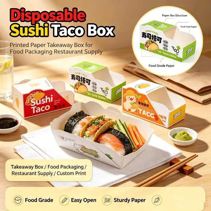 50Pcs Disposable Sushi Taco Paper Boxes Cute Cartoon Printed Greaseproof Design For Takeout Home Parties Snack Stores-New
