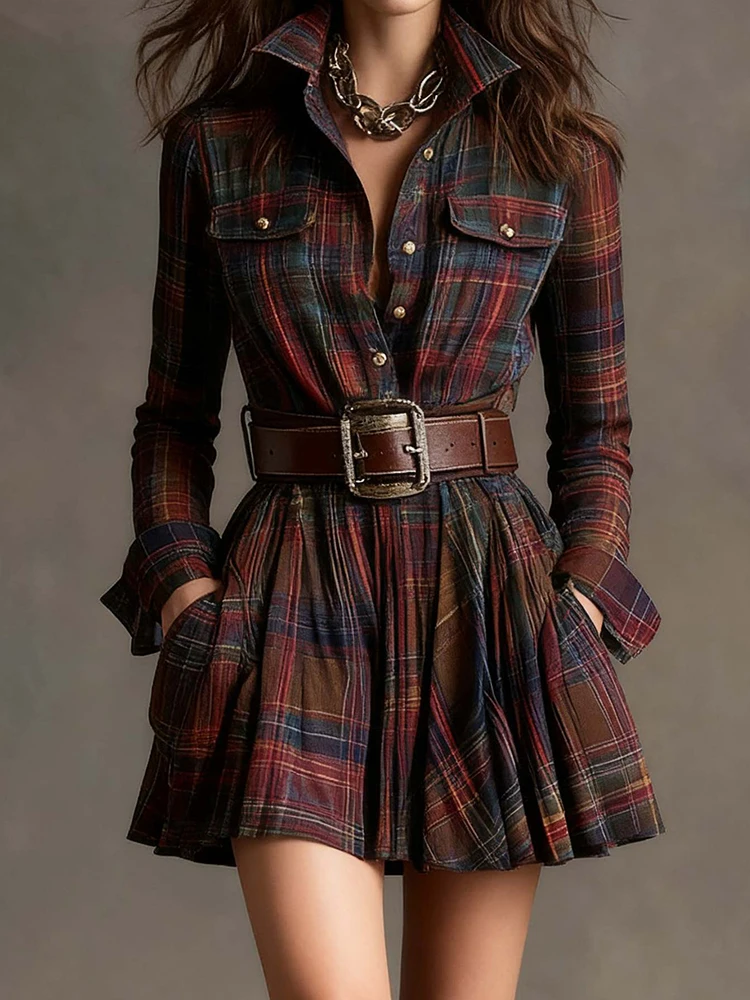 فستان قصير مرقع بحزام وياقة مقلوبة، فستان نسائي فضفاض بأكمام طويلة للربيع والخريف، فستان أنيق منقوش للسيدات