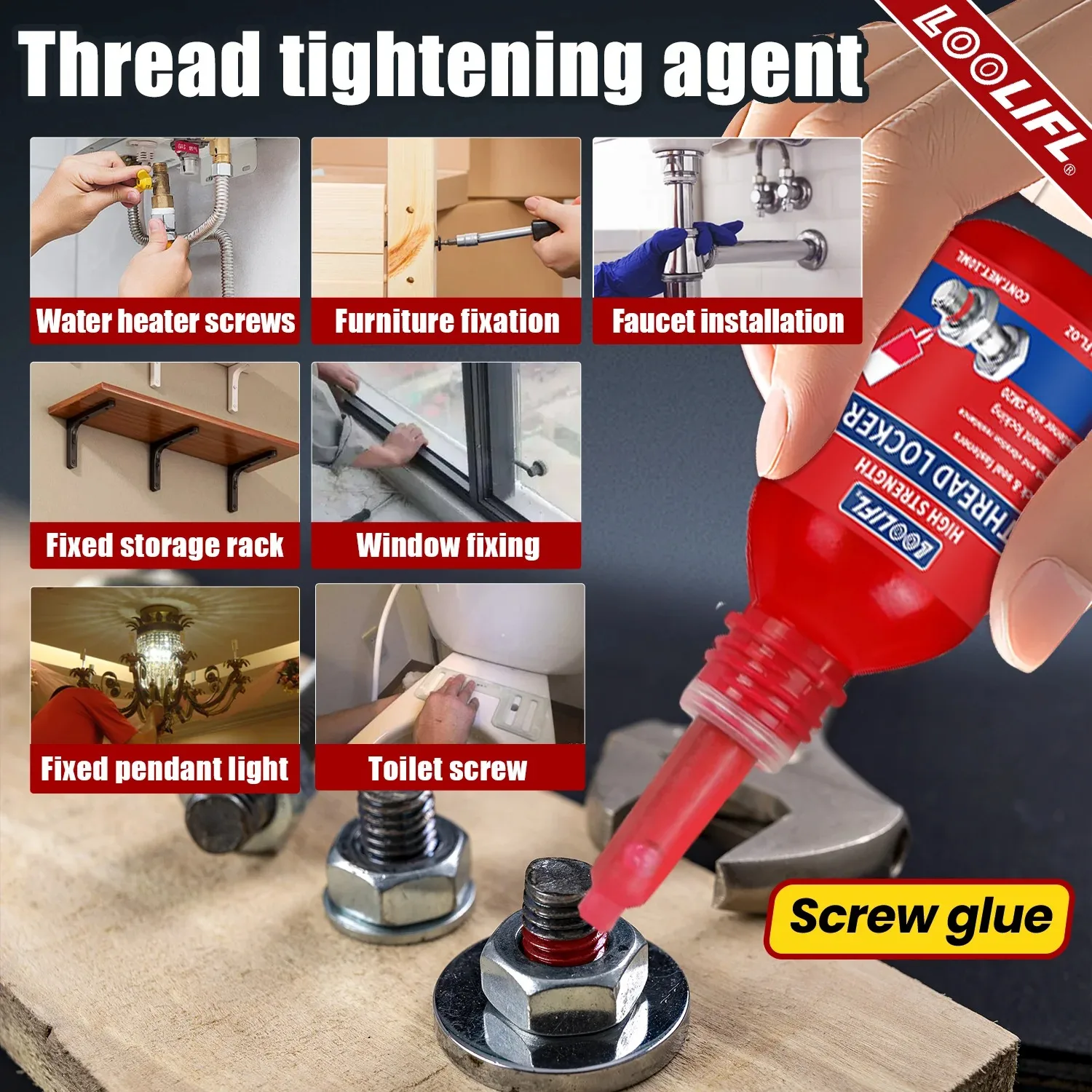 LOOLIFL Red High Strength Thread Locker 10ml Permanent Anaerobic Screw Lock Glue Anti Vibration Rustproof Sealant for M6-M20 Auto Machinery Metal Bolt Fastener