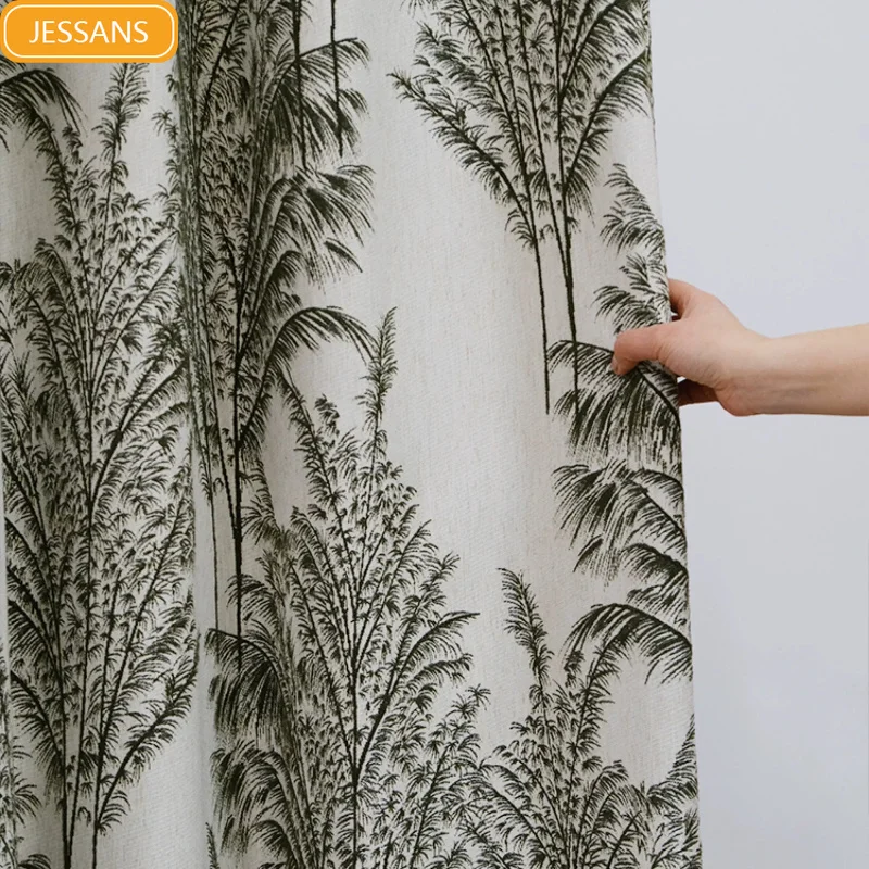 Vintage Art Linen Plant Jacquard Green Curtains for Living Room Bedroom Custom French Window Balcony Finished Product