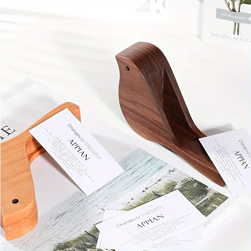 1pc Office Desktop Supplies Creative Bird Card Holder Wooden Bird Card Box Decoration Office Supplies