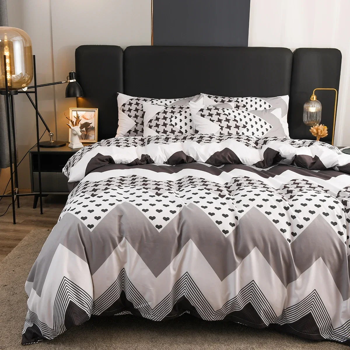 3 Pieces Geometric Duvet Cover Romantic Love Heart Bedding Set Soft Microfiber Comforter Cover Twin Double Full Queen King Size