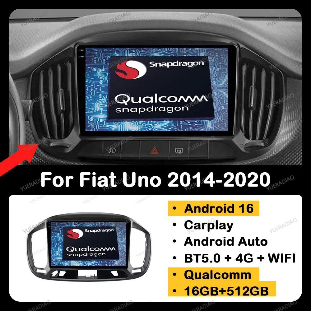 Radio para Auto Android 16 para Fiat Uno 2014 2015 2016 2017 2018 2019 2020 QLED 2DIN 4G LTE 5G WIFI NAVI Unidad Principal BT Qualcomm GPS