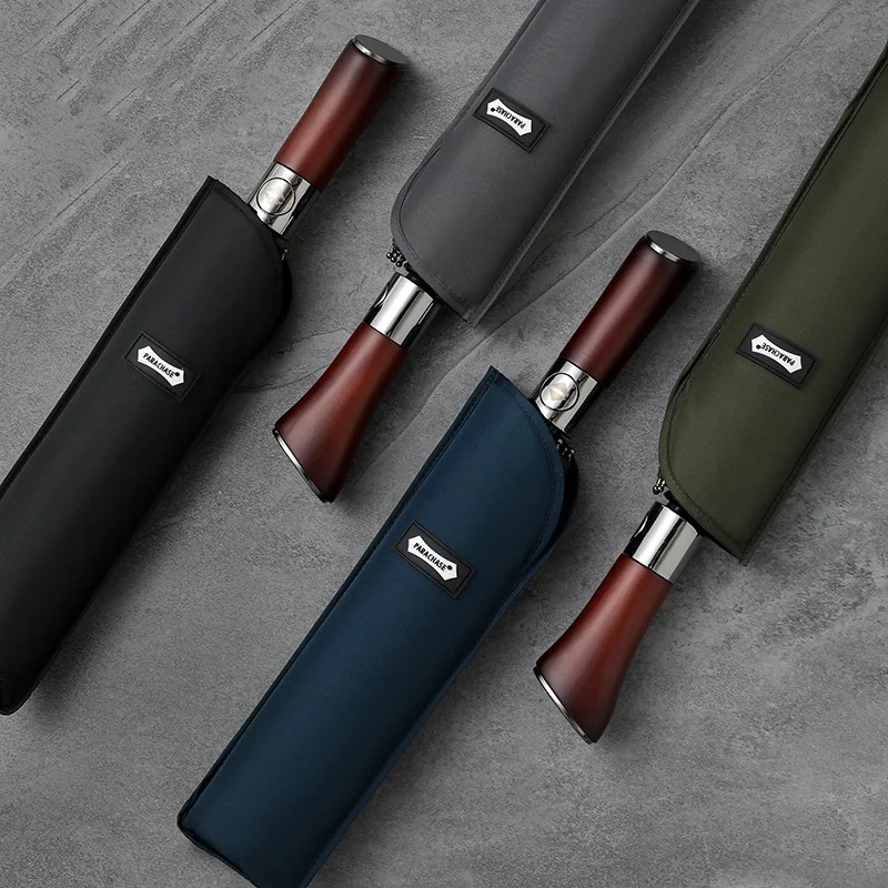 Luxury Business Automatic Umbrella Carbon Fiber Windproof Stick Long Umbrella Rain Wooden Handle Umbrella 8K