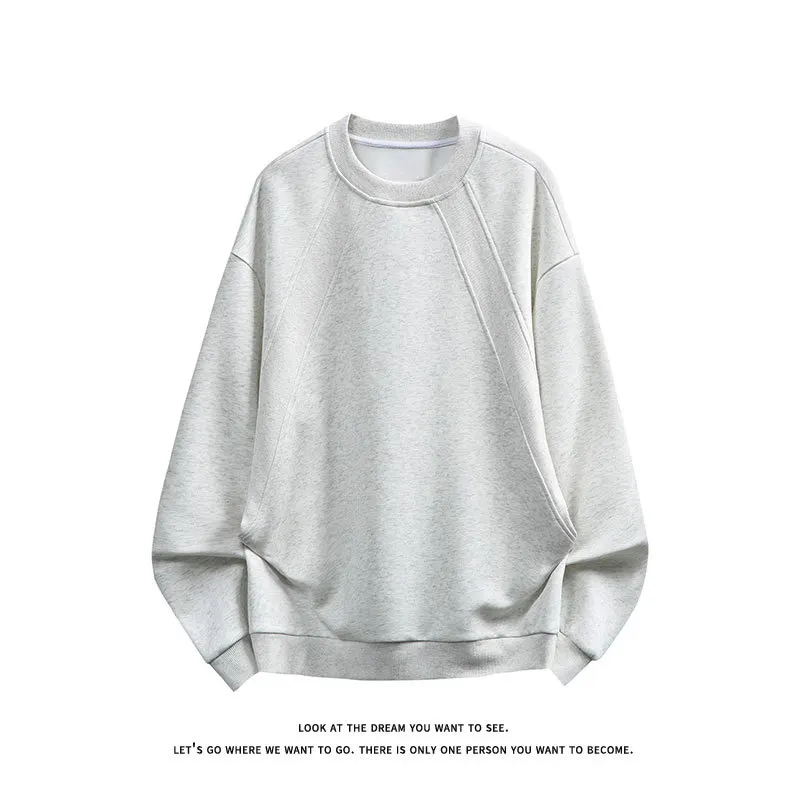Autumn Cotton Heavy Splicing Boxy Crew Neck Sweater Male Teen Long Sleeve Loose Pullover