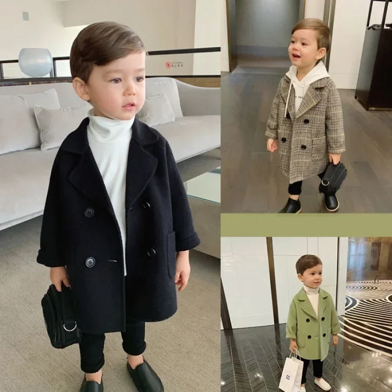 Winter Grid Jackets Boys Girls Woolen Double-Breasted Children Trench Coat Lapel Kids Outerwear Wool Overcoat Child Fall Clothes