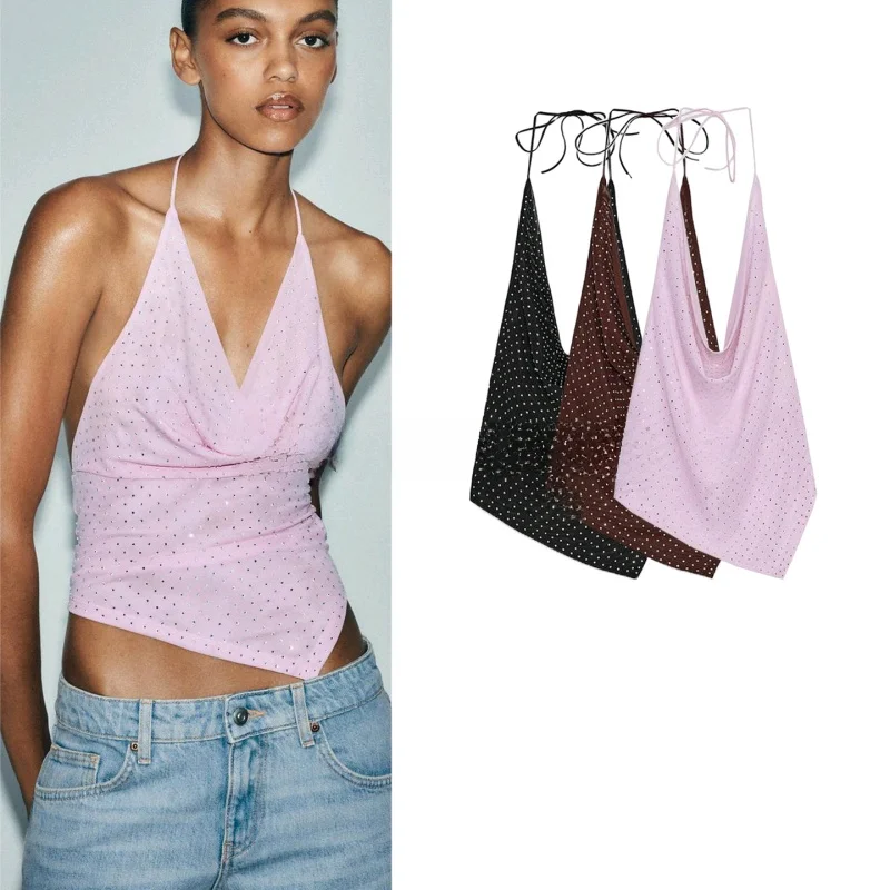 صيف جديد المرأة عقدة مربوط المياه الماس مزين شبكة حريرية V-ne Strapl Svel أعلى تخفيف Sle api...