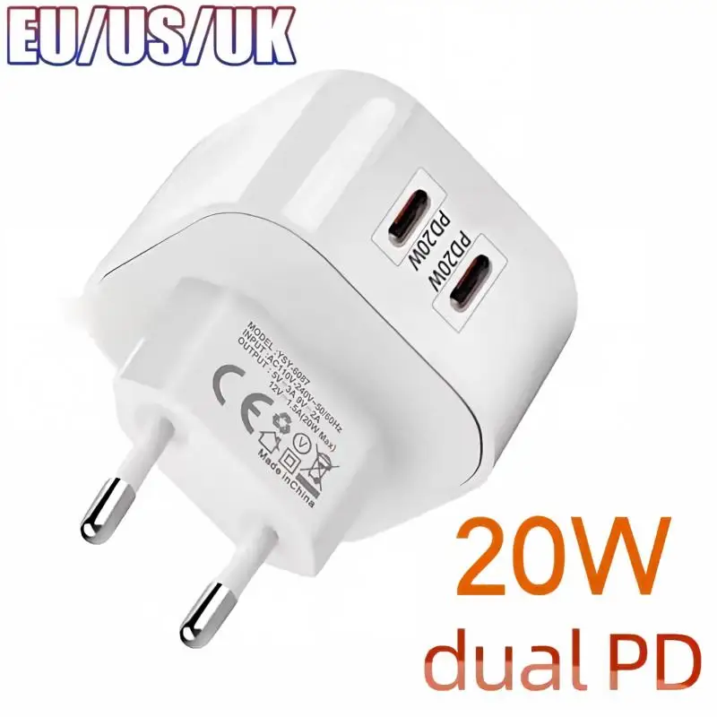 1Pcs 20W PD Dual Ports Wall Charger Type-C USB C Phone Fast Charger Super Quick Charging Power Adapters EU/US/UK Plug For iPhone