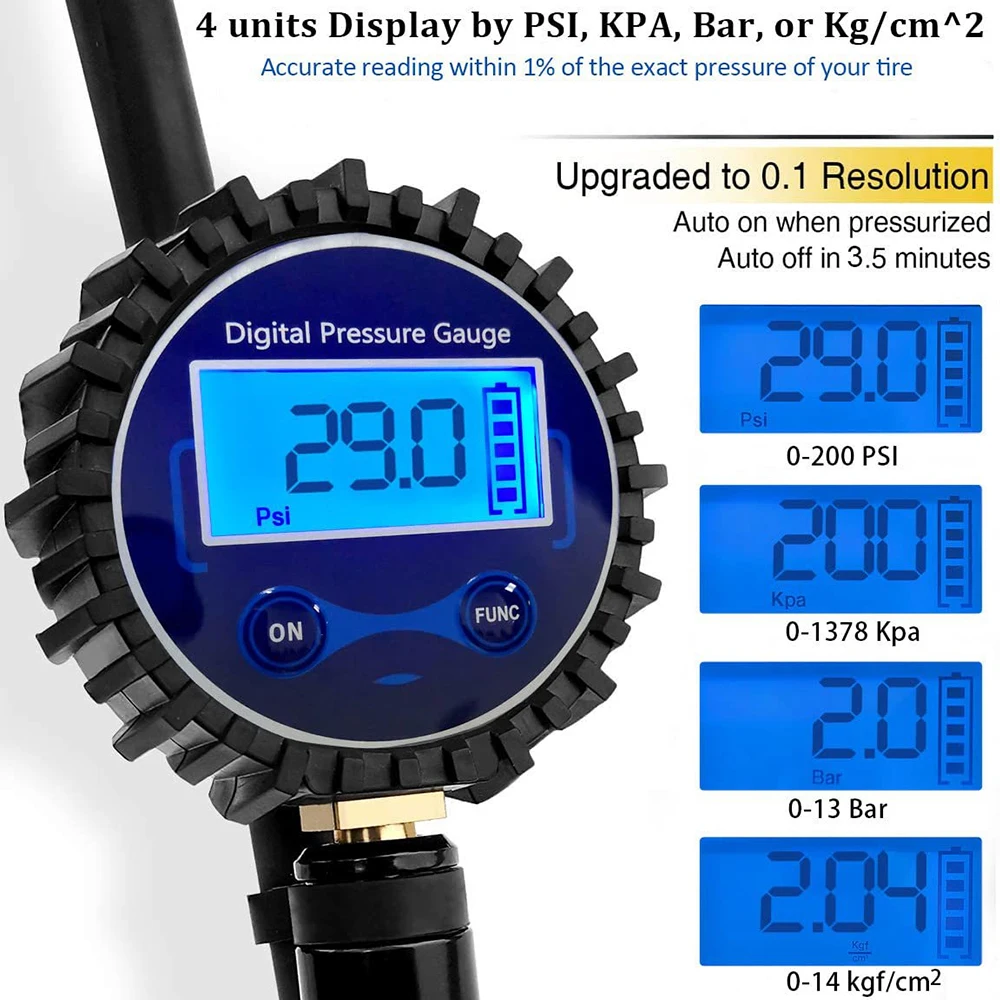 Universal liga de alumínio ar linha clip-on pneu bomba, inflação monitoramento manômetro, pressão inflator calibre, LCD Digital