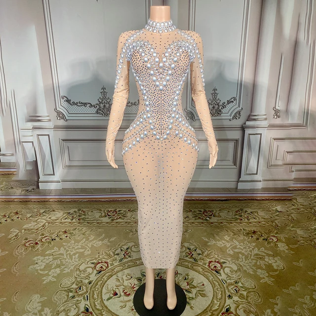 Women Sexy Skin Color Long Sleeve Half High Collar Mesh Pearl Dress Water Diamond Stage Performance Costume Evening Party Dress AliExpress