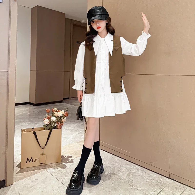 Children's Vest Skirt Two Piece Set Casual Vest High Street Shirt Dress Trend Spring and Autumn Girls Dress 2025 New Fashionable