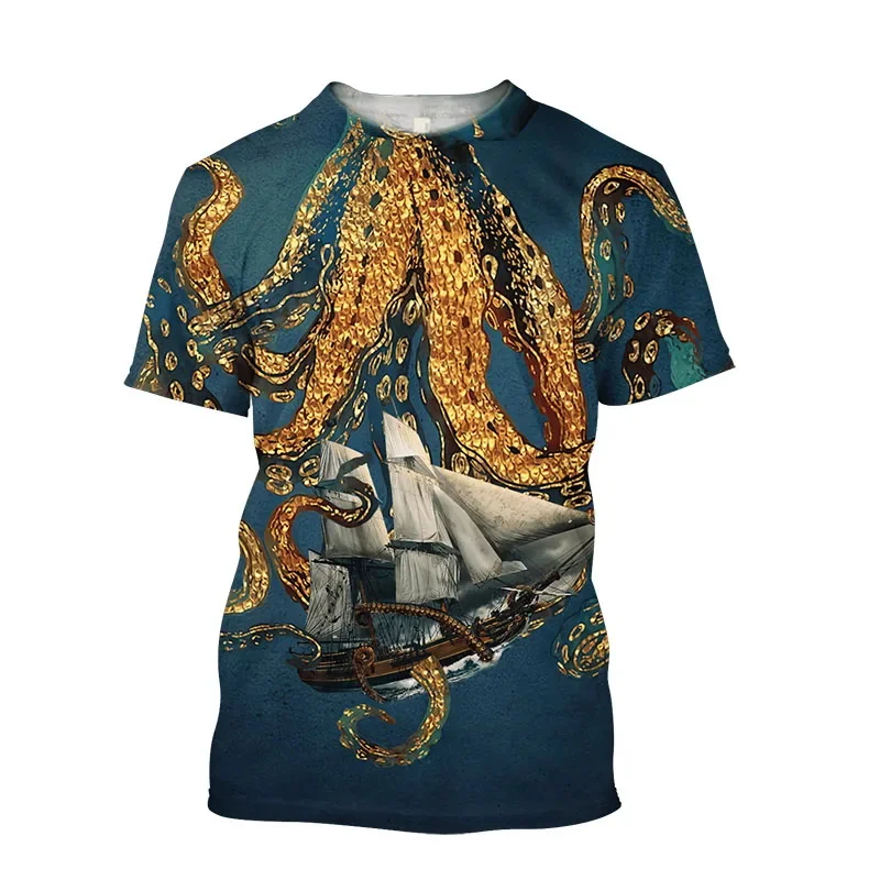 Fashionable Octopus Pictures For Men\'s T-Shirts Trend Digital Printing Casual Round Neck Short Sleeved Tops