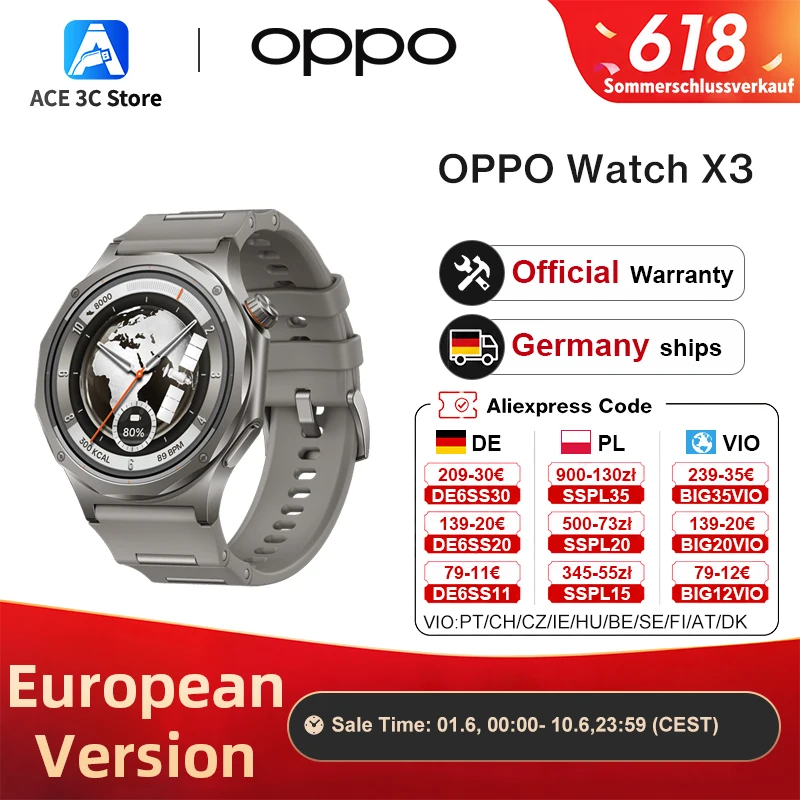 Version européenne de la montre connectée OPPO Watch X3 avec Wear OS by Google, suivi du sommeil, autonomie de 16 jours, mesure de la saturation en oxygène (SpO2), certification IP69 et Google Wallet