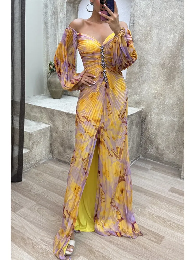 

Women's Sexy Elegant Evening Party Dresses 2025 Summer Fashion New Pleated Long Sleeved Off Shoulder Loose Casual Maxi Vestidos