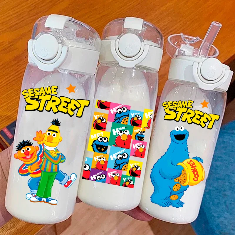 Sesame Street 400\600ml Transparent Plastic Straw Water Cup Portable Outdoor Sports Childrens Drinking Water Bottle Gifts