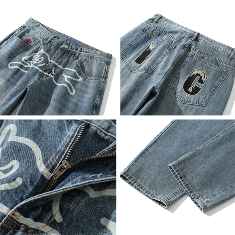 2024 Pantolon Y2K Streetwear Flying Dog Print Baggy Jeans Pants For Men Clothes Harajuku Fashion Hip Hop Denim Trousers Vaqueros