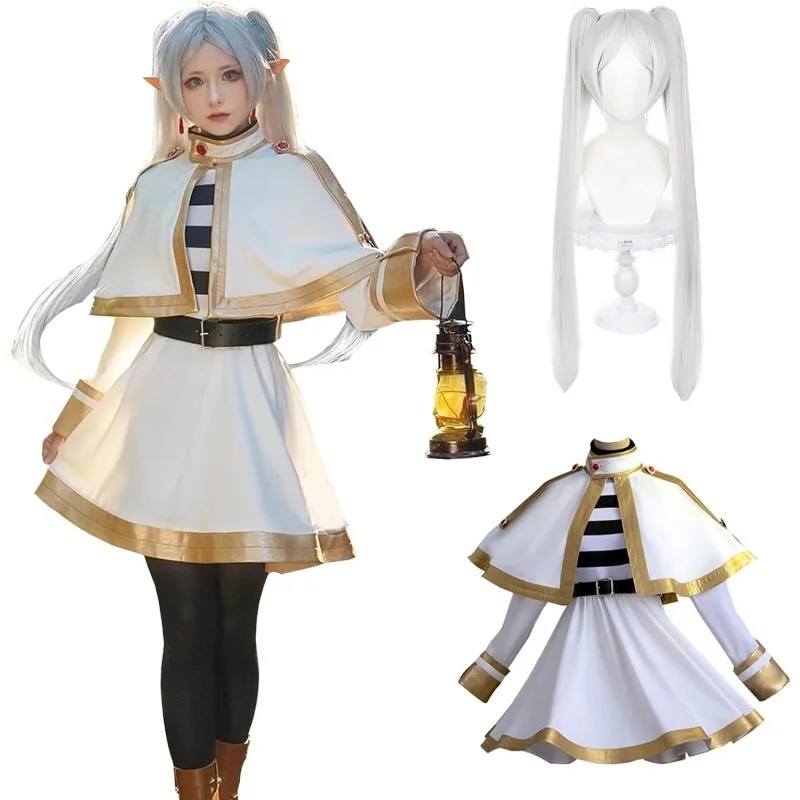 

Anime Frieren Cosplay Costume Uniform Dress Shawl Elf Ear Full Set Wig for Women Girls Halloween Party Carnival Dress Up Suit