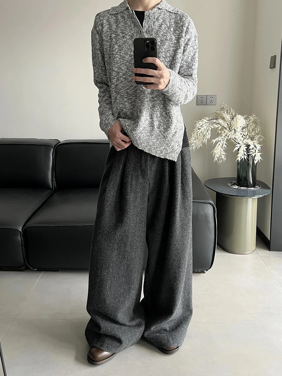 ReddaChic ทํางานสํานักงานผู้หญิง Tweed กางเกง Casual หลวม Fit สีกากี Textured เอวสูงขากว้างกางเกงฤดูใบไม้ร่วงเสื้อผ้าวินเทจ