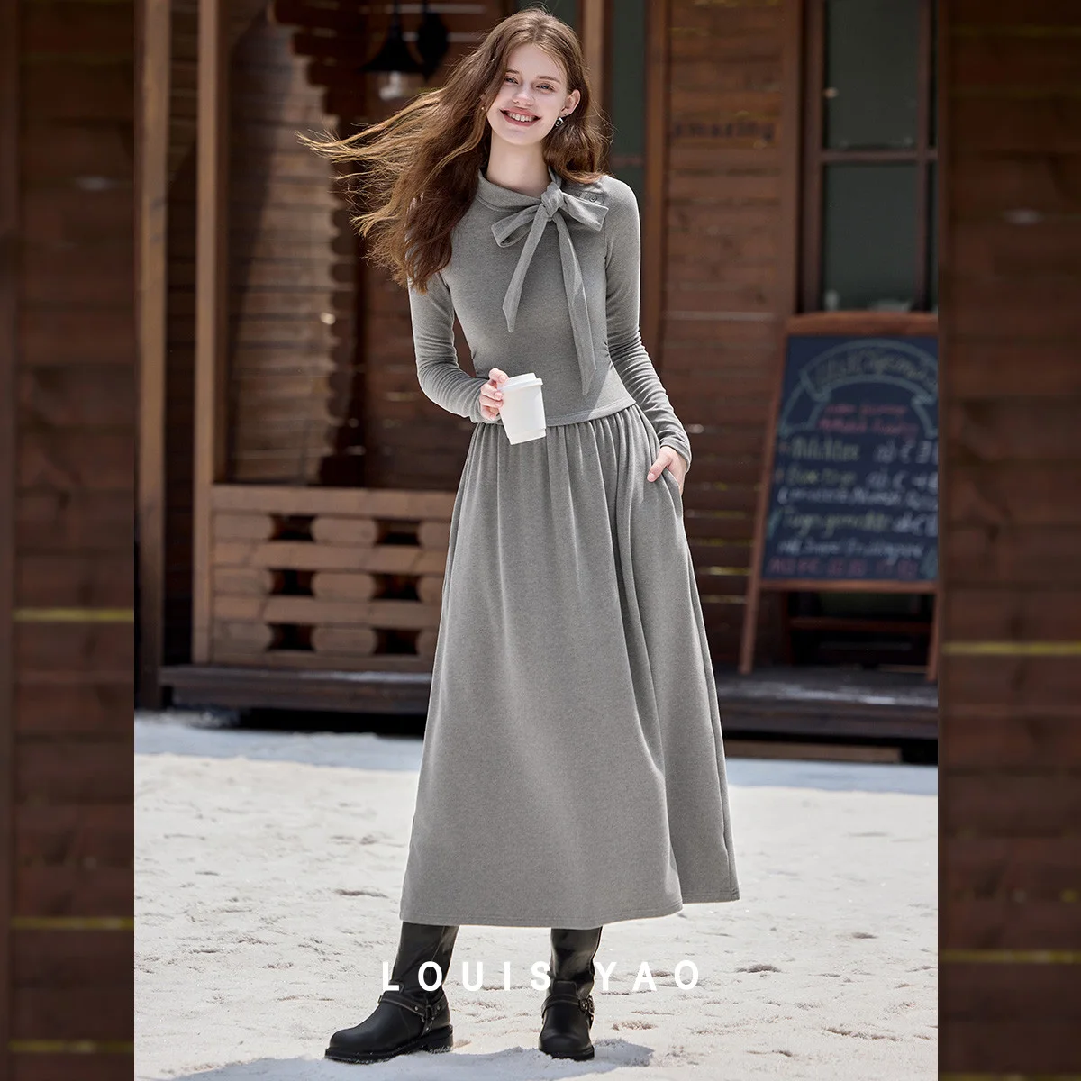 

LOUIS YAO Bow-Tie Sash Women's Dress 2025 Autumn Winter Long Dress Stand-Up Collar Long-Sleeve Slightly Stretchy A-Line Skirt