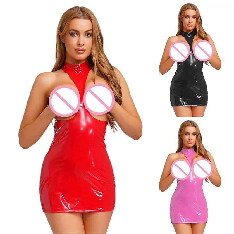 

Adult Women‘s Patent Leather Flirting Nightdress Halter Open Cup Butt Opening Dress for Couple's Role Play Tempting Nightwear