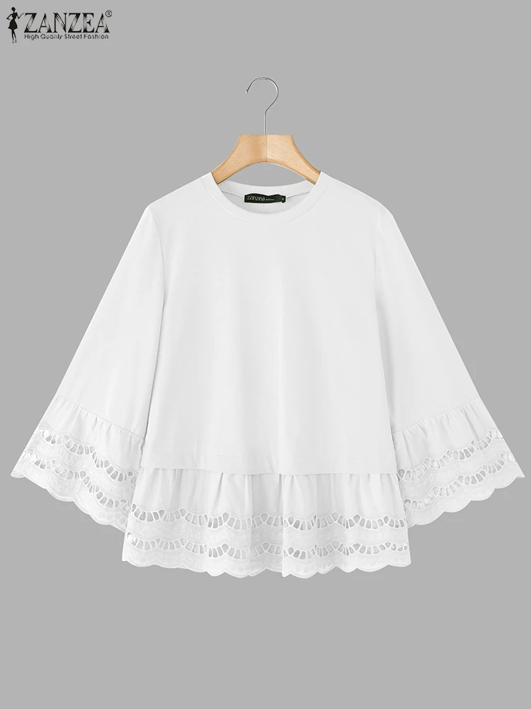 

ZANZEA Solid Lace Blouse Women Patchwork Tops 2025 Casual OL Work Blusas 3/4 Sleeve O Neck Fashion Flare Sleeve Tunic Oversized