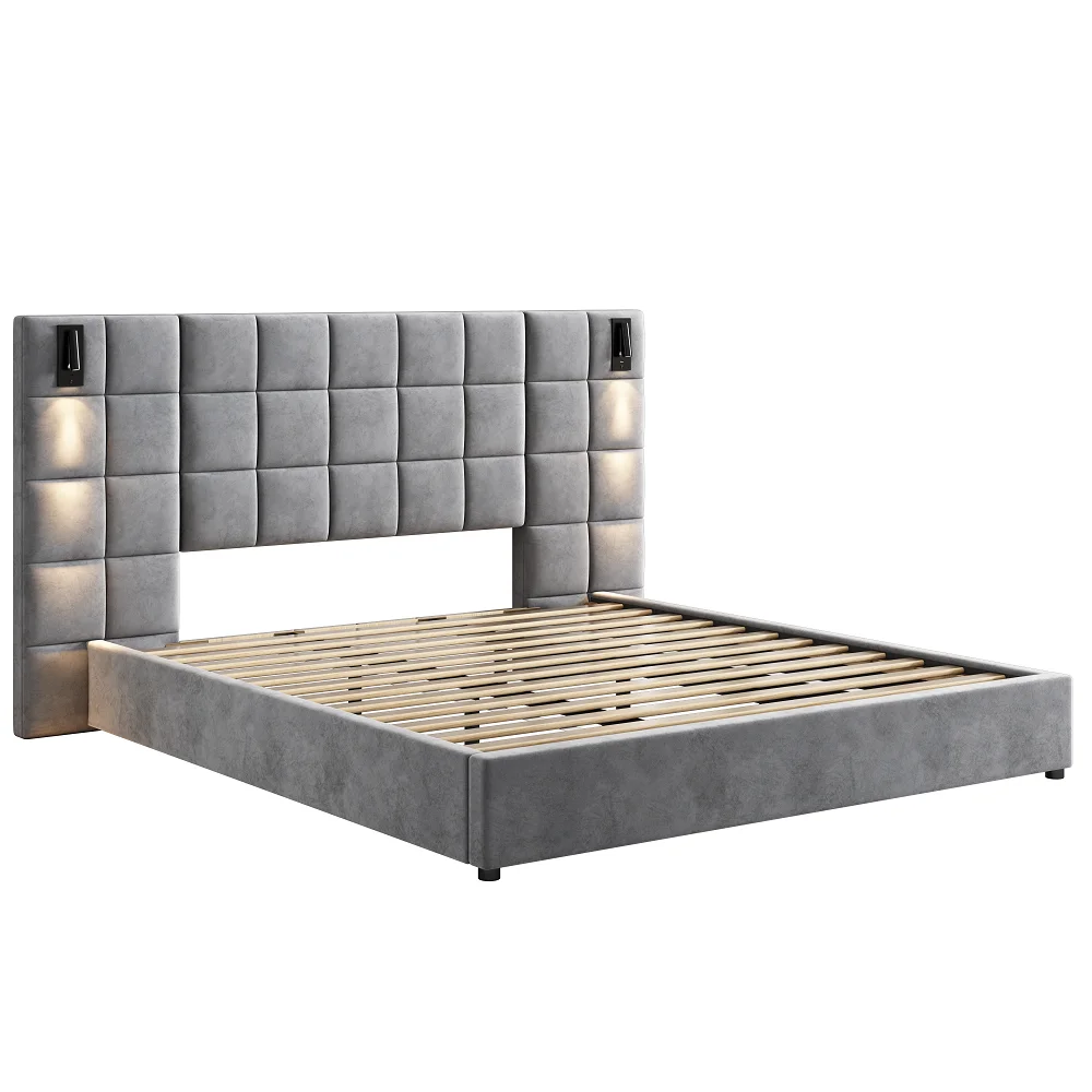 

Modern King Bed with Reading Lamp & USB Port Upholstered Wide Headboard in Grey Smart Bed Design