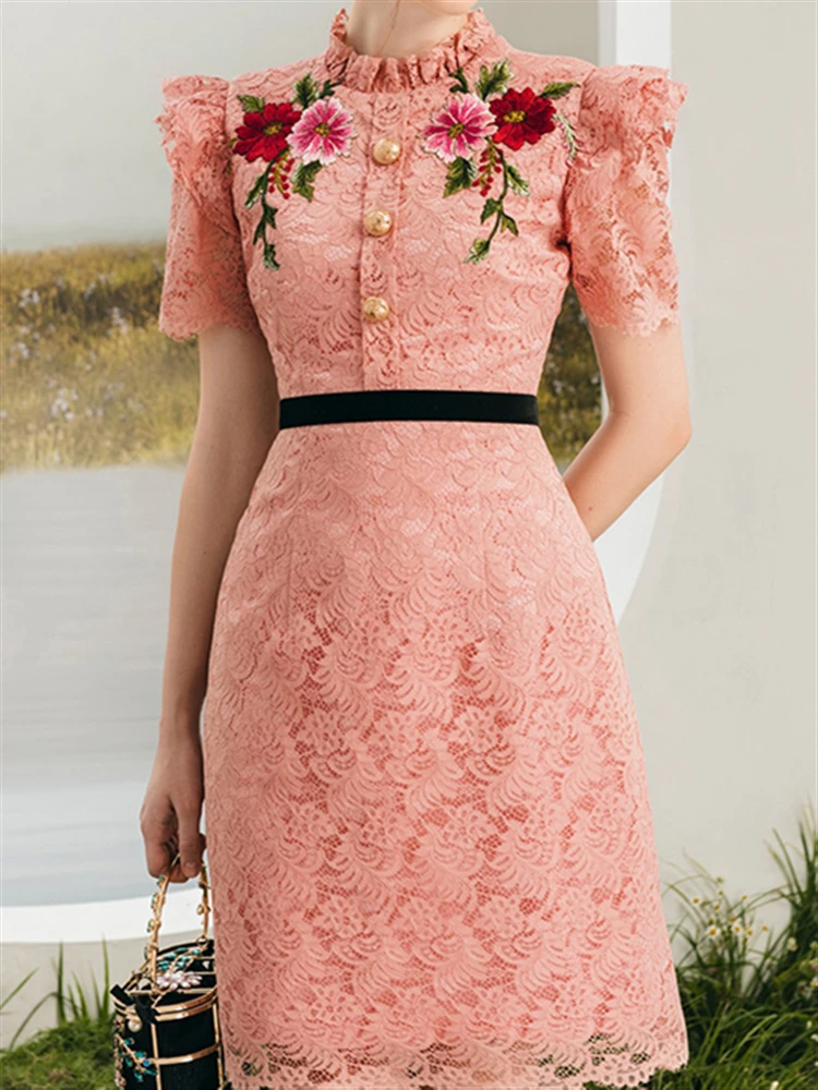 

Boho Dresses Women Summer A-Line Party Dress Mesh Elegant Floral Print Short Sleeve Embroidery Lace Sexy 2022 Woman Vestido Mini