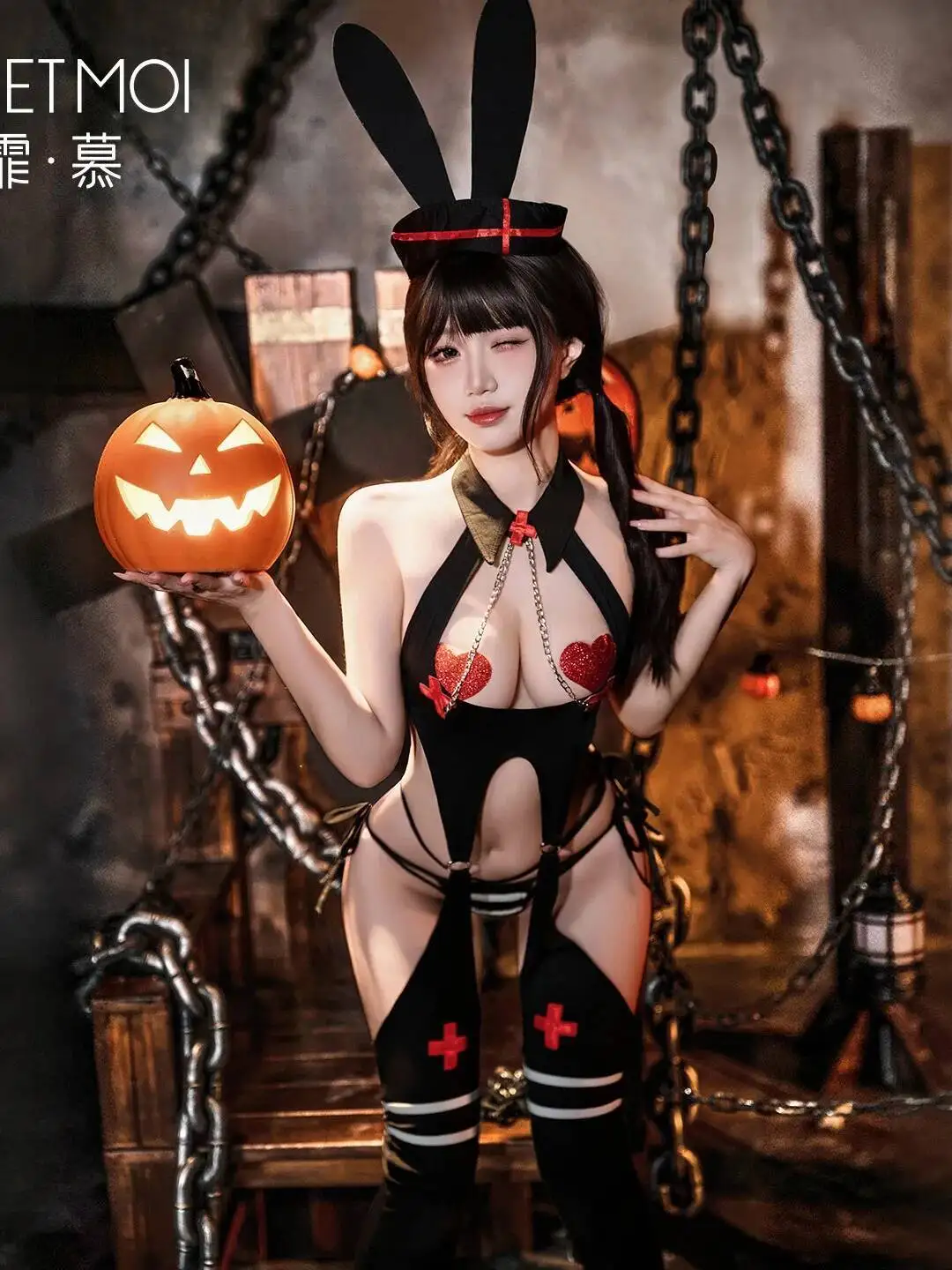 Sexy Halloween Cosplay Bunny Nurse Sexy Bodysuits Hanging Neck Nightclub Playful Style Backless Sleeveless Bodysuits Casaul ASHZ