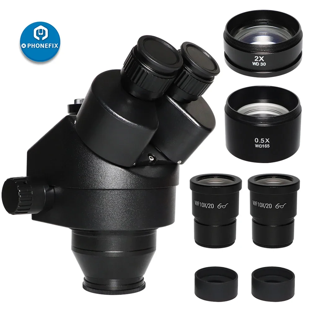 3.5X-90X Simul focal Trinocular Zoom Stereo Microscope Head Black synchronous Industrial Microscope Head 0.5x 2.0x Auxiliary Len