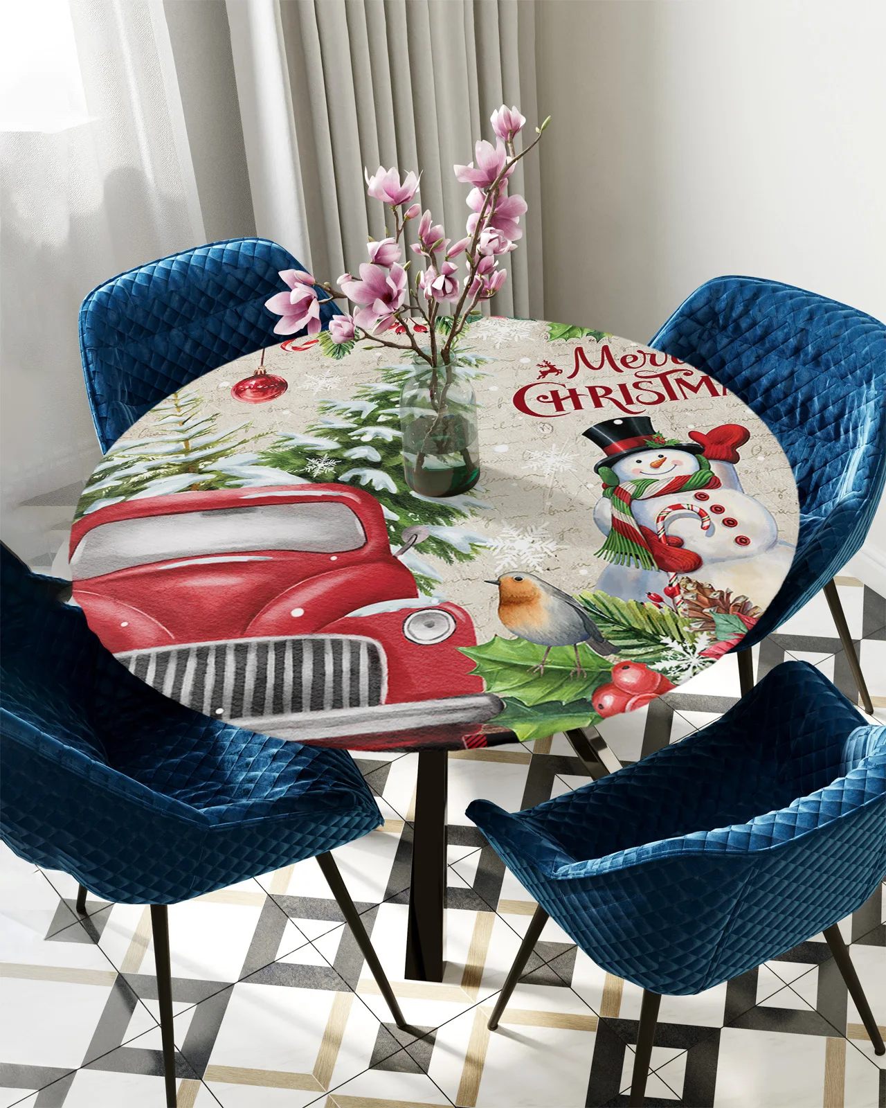 Christmas Snowflake Snowman Poinsettia Truck Round Rectangle Waterproof Elastic Tablecloth Home Kitchen Table Cloth Table Cover