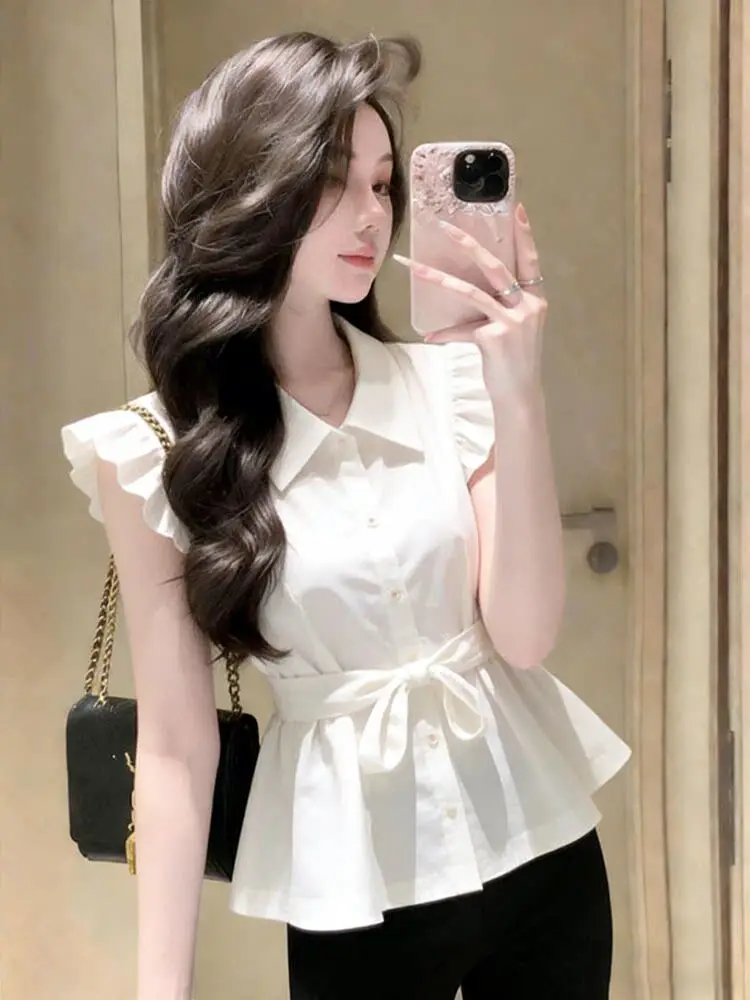 

Design Style White Shirt Summer Trendy Commute Meat Covering Top Flying Sleeve Korean Slim Fit UV Protection