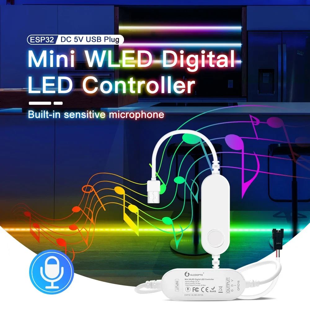 WLED ESP32 Mini LED Strip Controller GL-MC-001WL RGB IC Digital With Mic Music Sound Mode DC5V USB Dynamic WS2811 WS2812 WS2812b