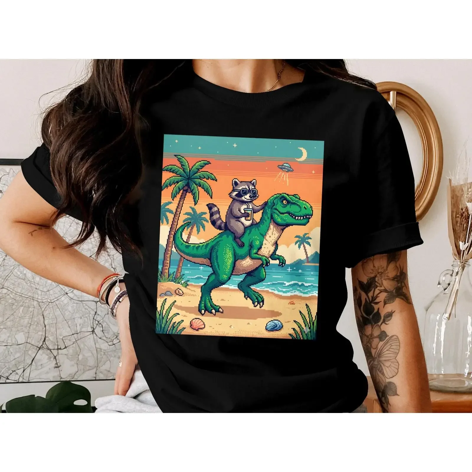 Raccoon Riding T Rex Retro Pixel ArT Shirt Funny Trash Panda Dinosaur Gamer Sarcastic Animal Meme  vintage Washed Comfortable