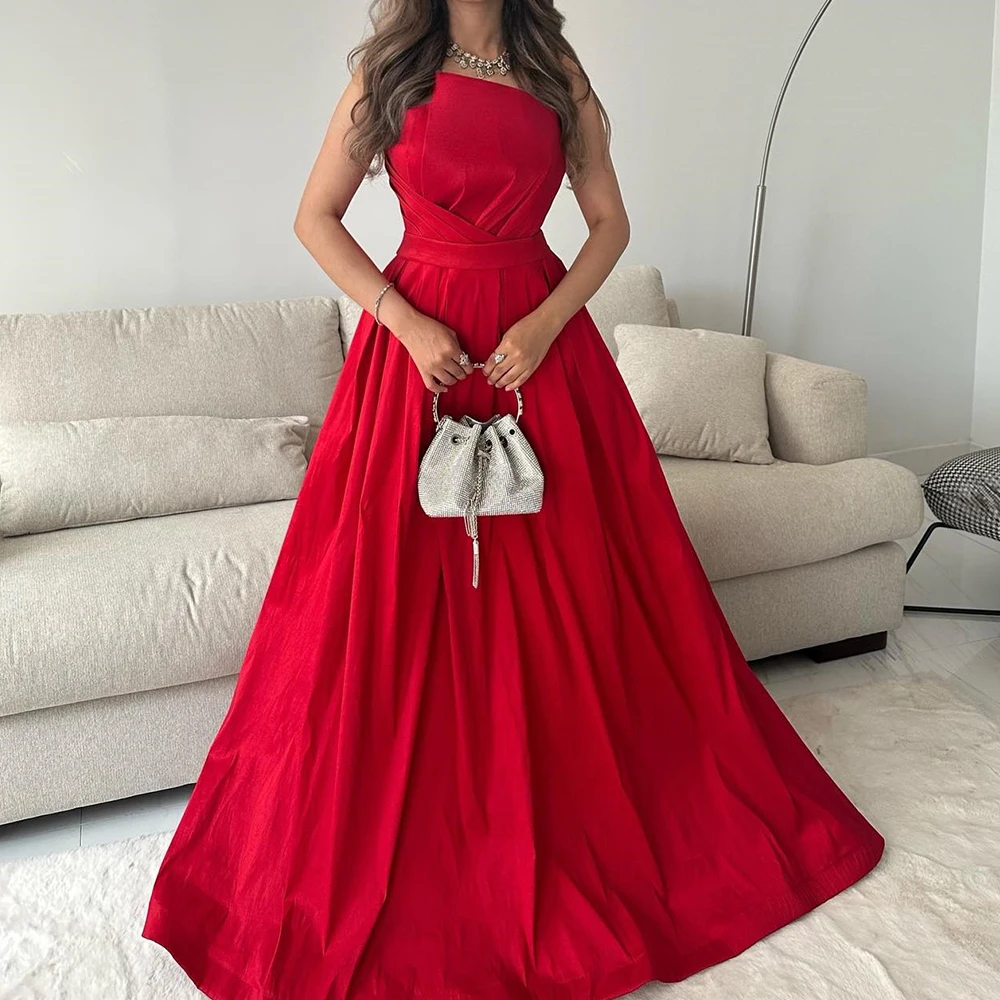 

Formal and Classic Red Satin A-Line Strapless Evening Dresses Floor Length Sleeveless Sweep Train Pleats Vestido De Noche 2024