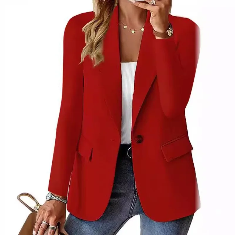Women's Single Button Straight Anti-Wrinkle Jacket Long Sleeve Jacket Formal Business Path OL Office Lady Spring and Fall