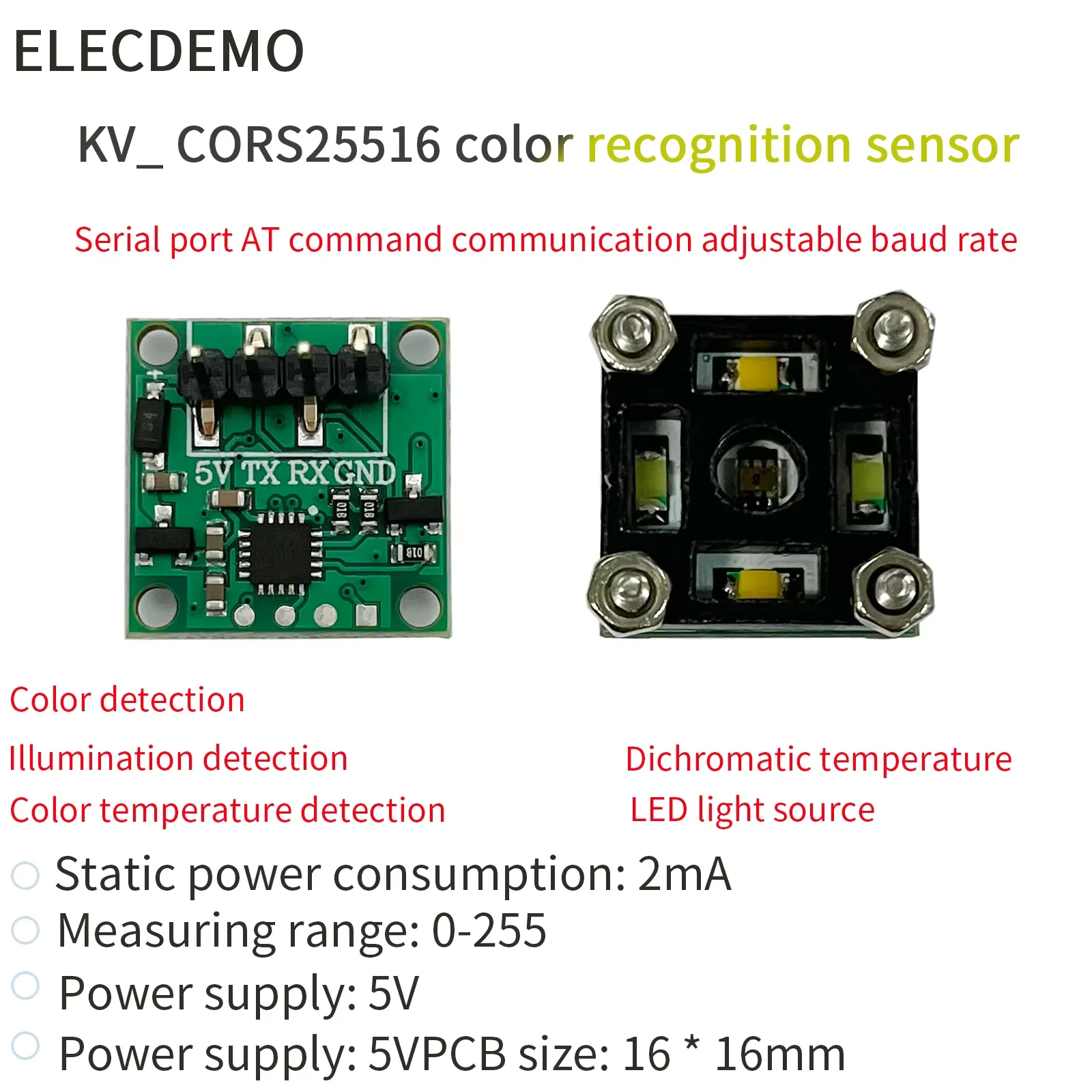 RGB Color Recognition Sensor Module, High Precision Color Temp Illuminance Detection, UART TTL Output, Ultra Small Size DIY PCB