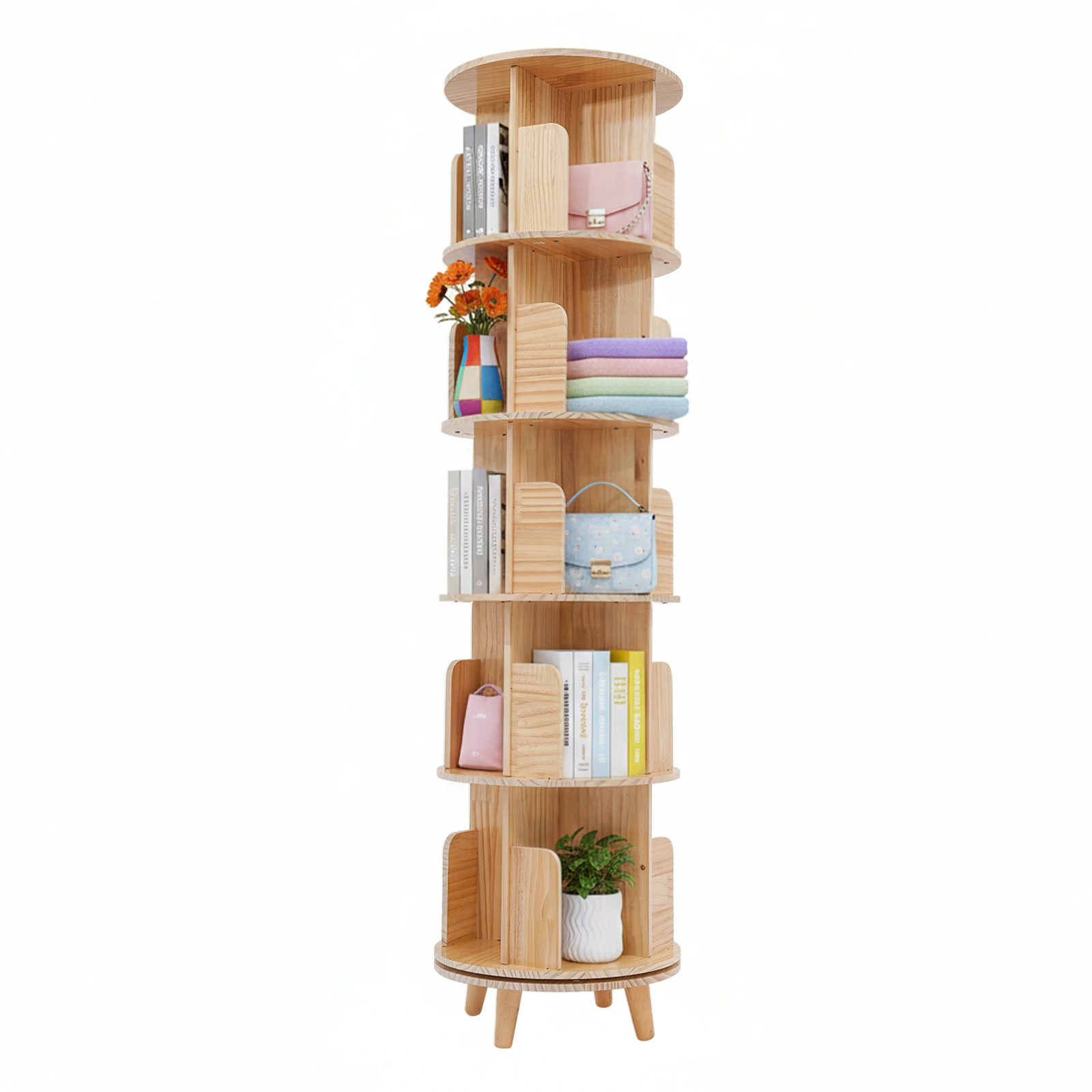 5 Layers Floor Revolving Bookstand with Legs, Solid Wood Spinning Book Rack for Home Office，Rotating Bookshelf