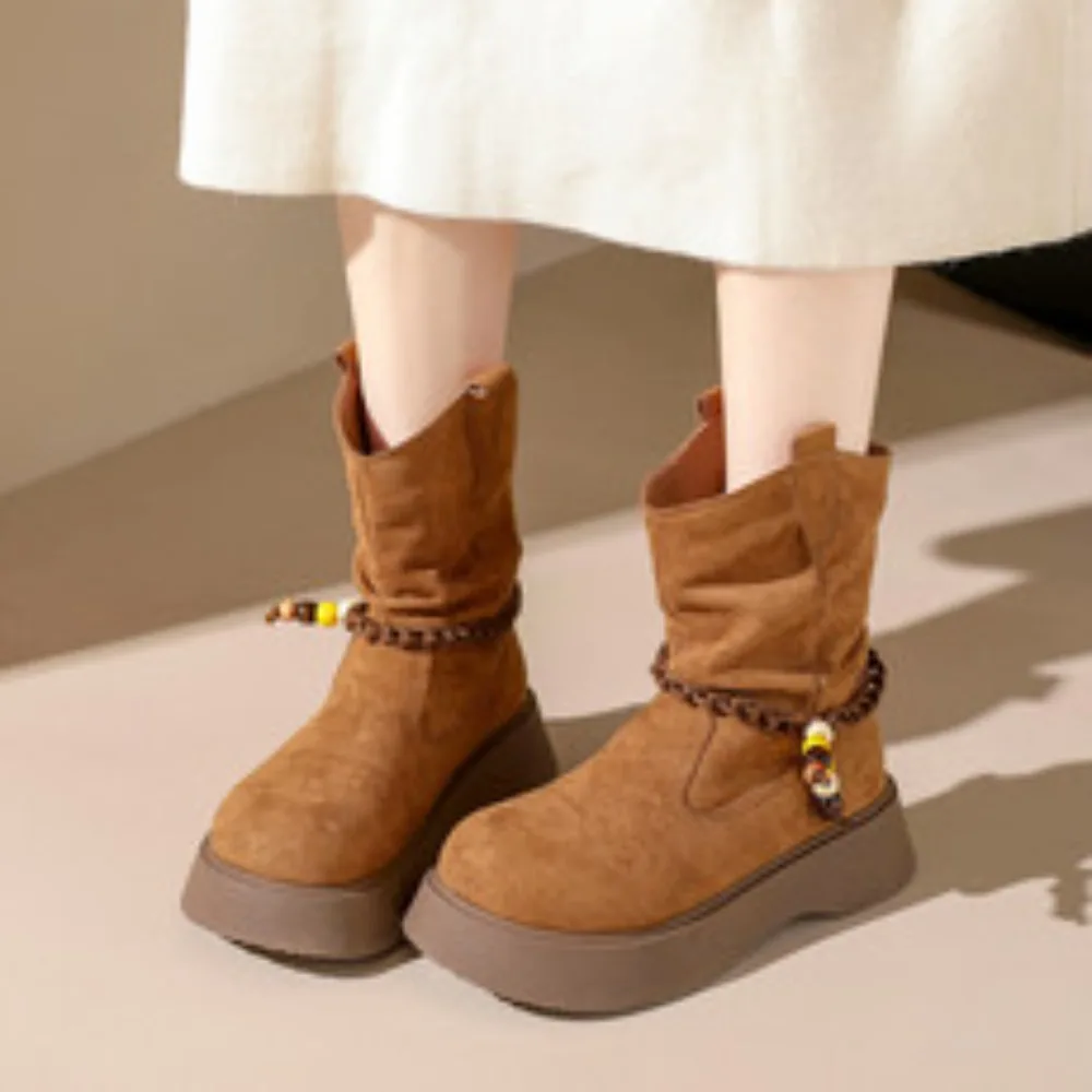 

2025 New Platform Snow Boots Women's Retro Versatile Casual Flat Round Toe Booties