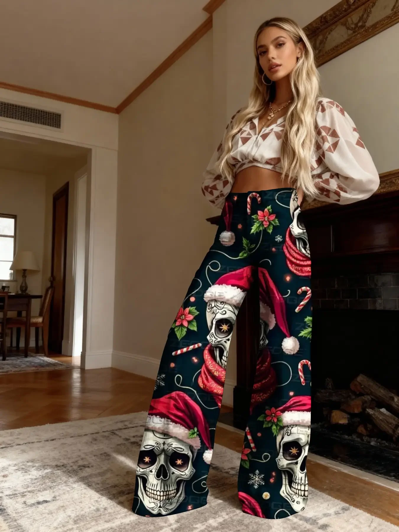 

Women's slim fit wide leg flared pants, Full of Christmas elements! Women's loose flared imitation jeans