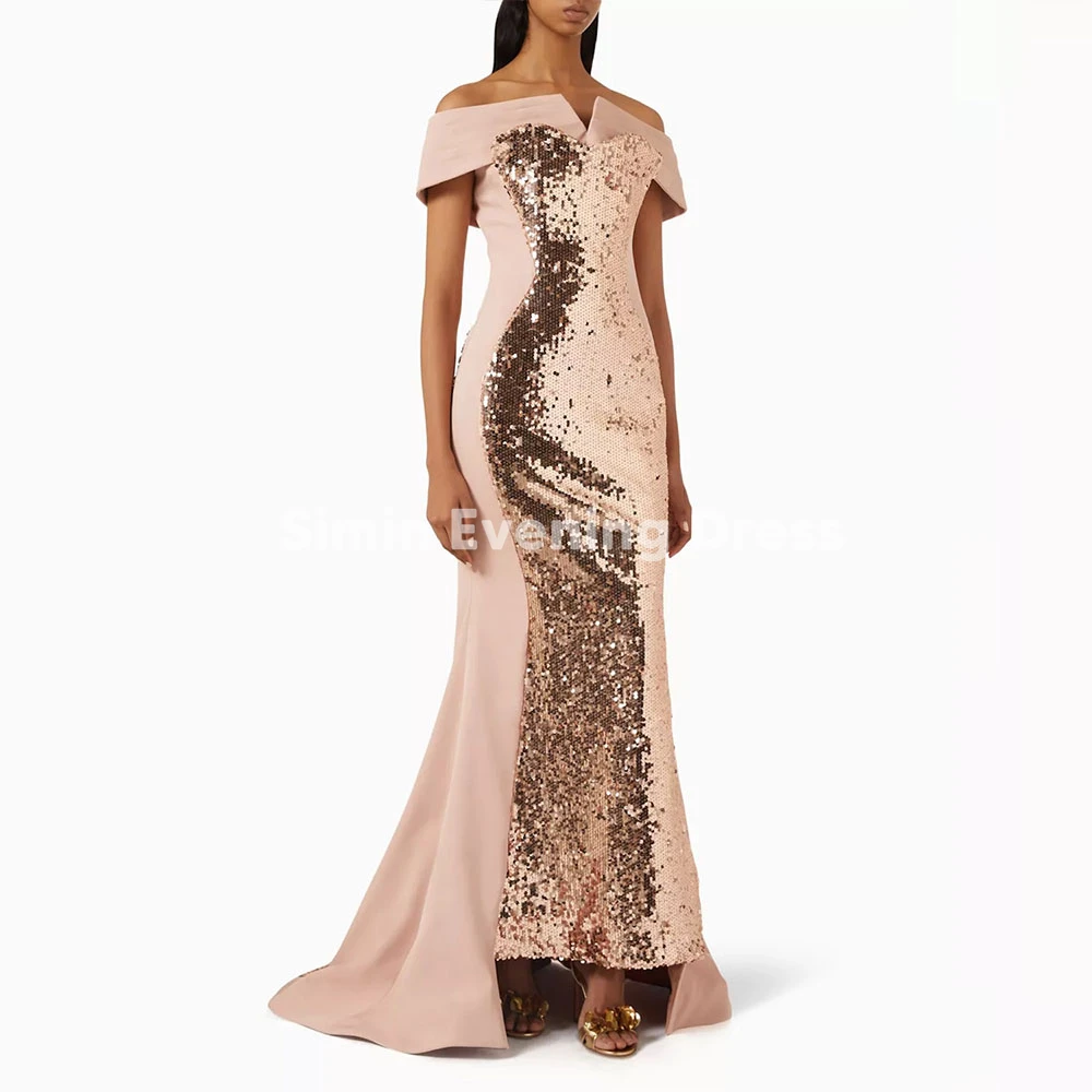 

Женские плиссированные платья Simin с открытыми плечами и короткими рукавами, блестками, элегантные вечерние платья длиной до щиколотки по индивидуальному заказу, 2025 г.