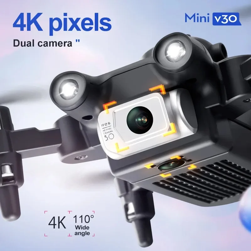 Mini V30 WiFi  With 4K HD Dual Camera Obstacle Avoidance Drones Foldable RC Quadcopter Gift for Adults Kid Black Grey