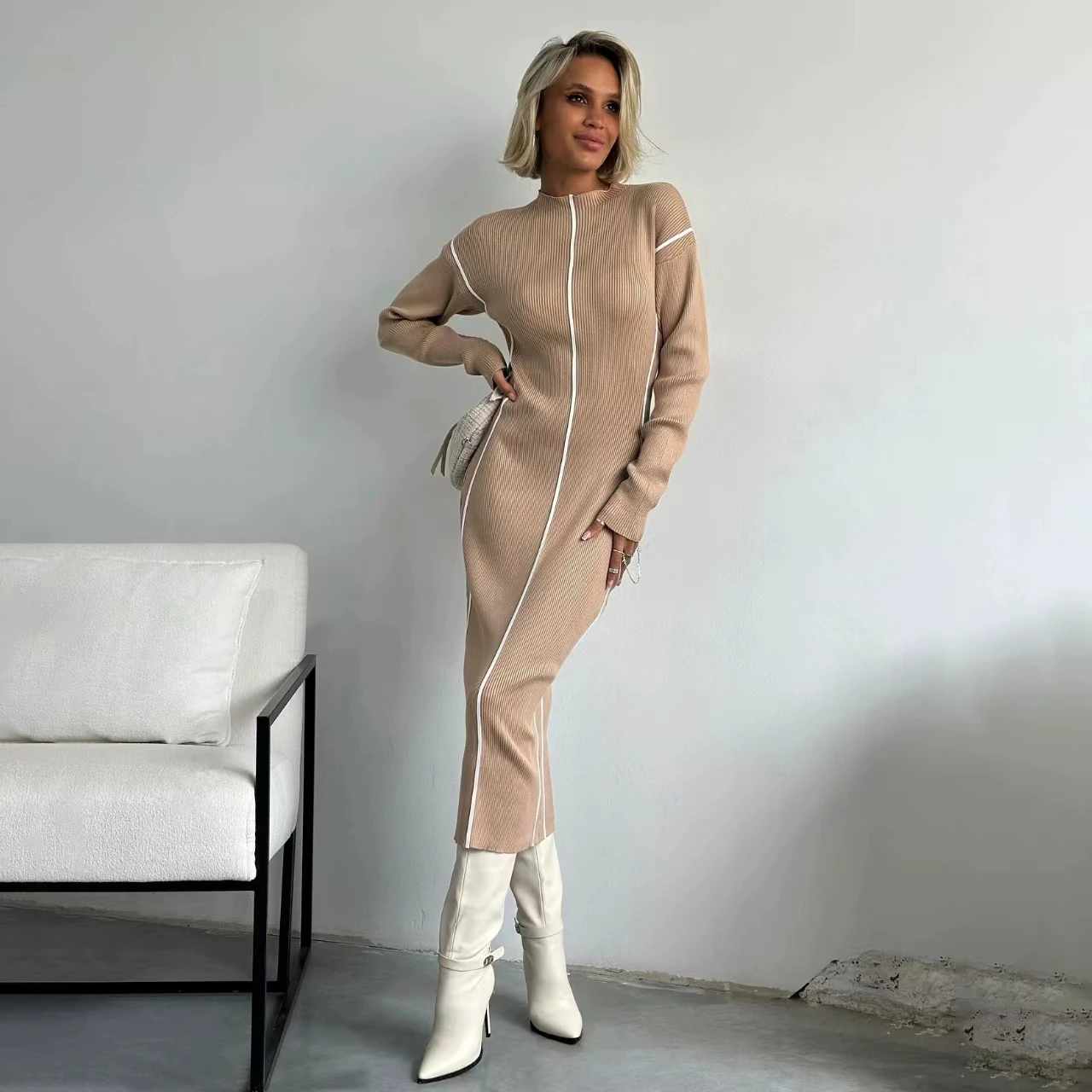 Laid-ba Sle Maglia a righe Dr Vita alta Lunga Sve Midi Dr Color Blo Commute Sle Autunno Inverno Donna Dr