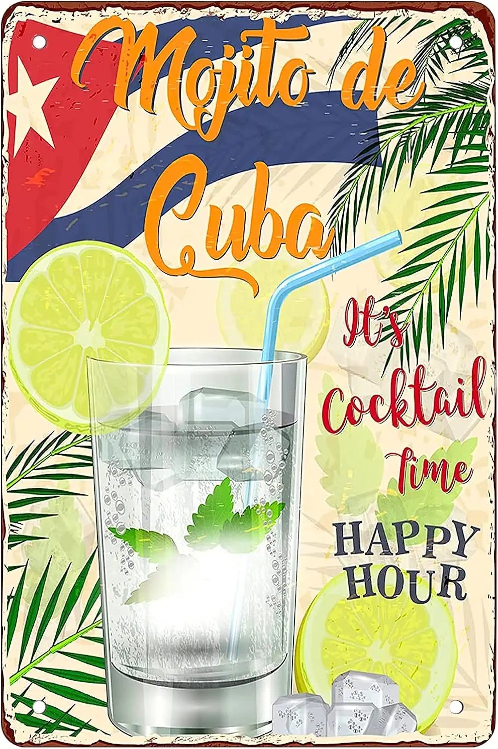 Rosef Stone Retro Funny Metal Sign Sheet Signs Tin Sign,mojito de cuba,it;s cocktail time happy hour outdoor Home Wall Decoratio