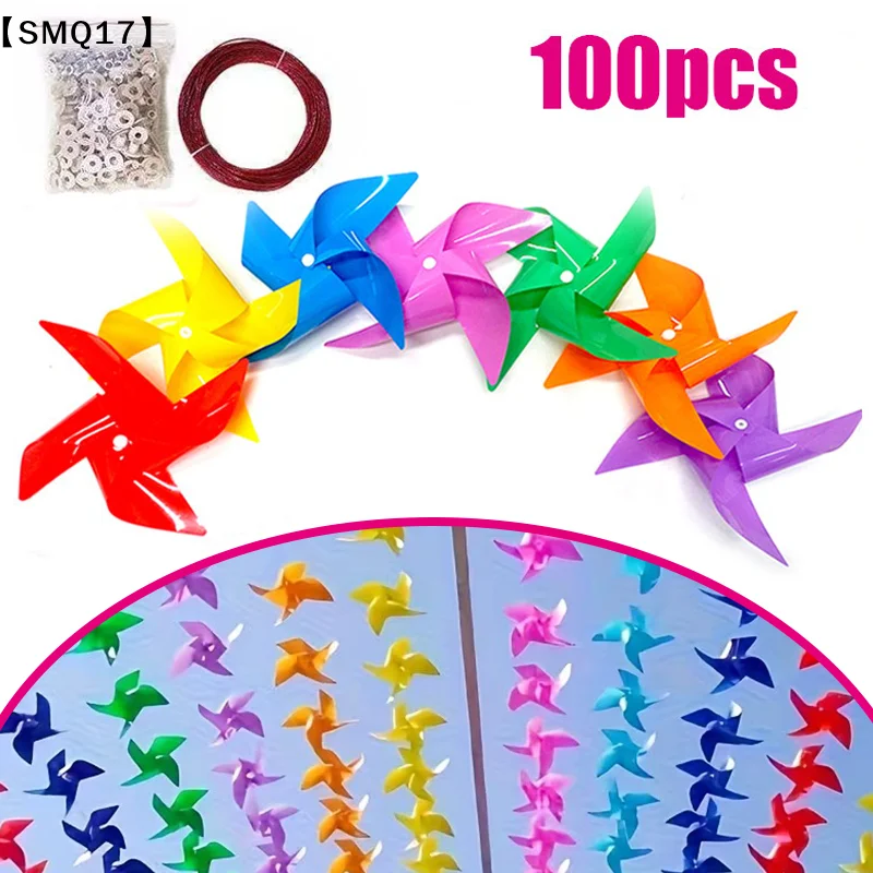 100Pcs Plastic Pinwheels Fiesta Flag Party Supply Hanging Windmill With 30 Metres Rope Garden Indoor Outside Decoration【SMQ】