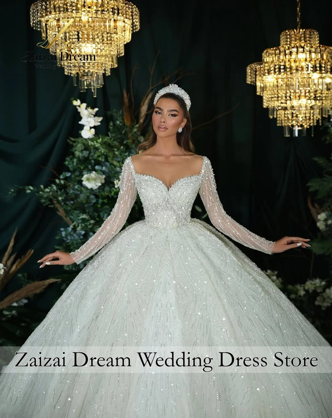 Customized Luxury Ball Gown Wedding Dress Sparkling Women's Sequined Wedding Dresses Bride Gowns Long Sleeve Vestido De Novia